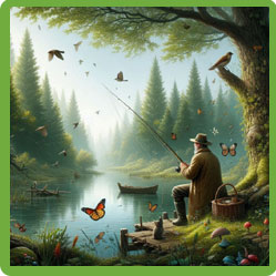 Man fishing by lake with butterflies, insects and birds
