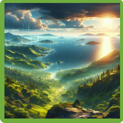 Hills and the sea with rain over the mountains in the distance