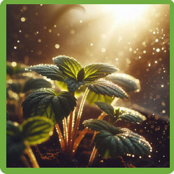 Leaf with water droplets and water in air
