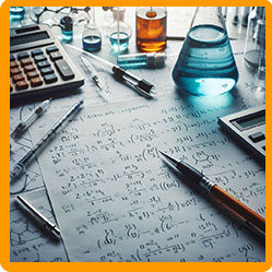 Chemical calculations on paper on desk