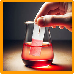 Litmus paper in a flask with red liquid
