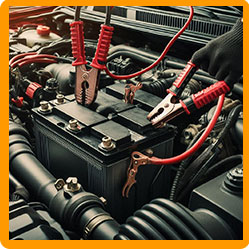 A car battery connected with jump leads