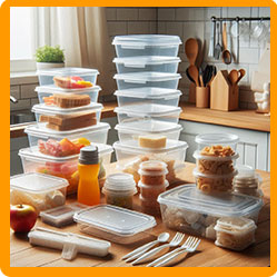 Plastic containers stacked in a kitchen