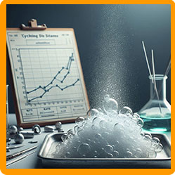 Chemicals bubbling on a tray with a graph in the background